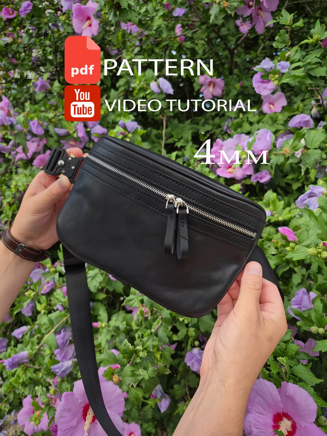 PDF pattern leather belt bag. Leather chest bag. Punch pitch 4 mm. Download PDF and Video TUTORIAL.