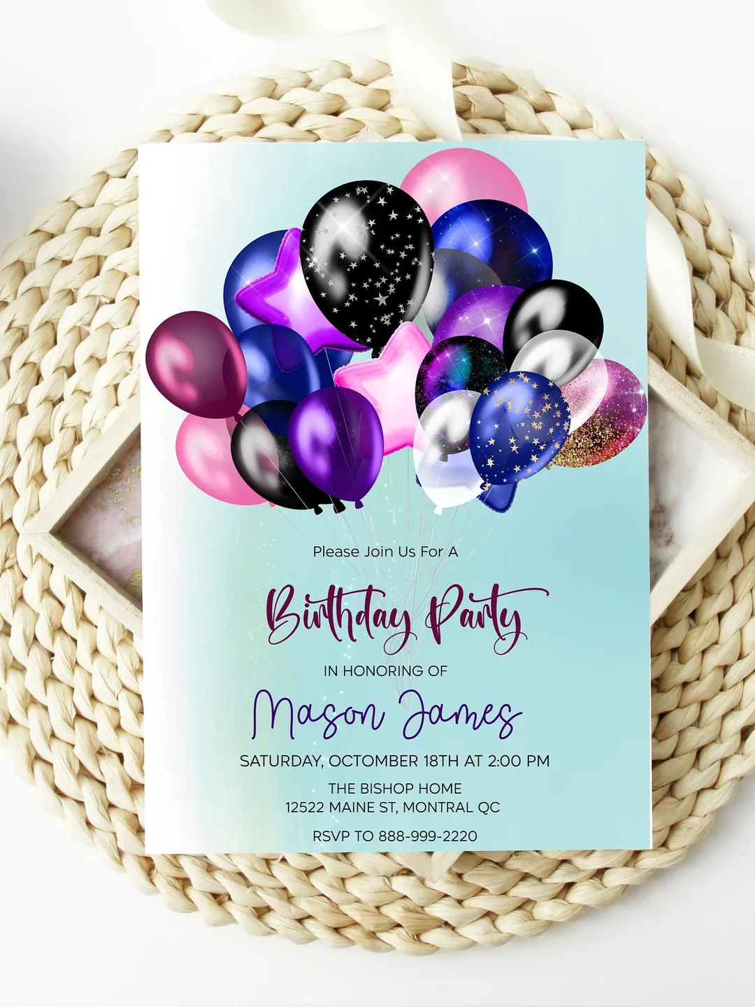 Purple Balloon Birthday Invitation, Any Age (Editable Printable)