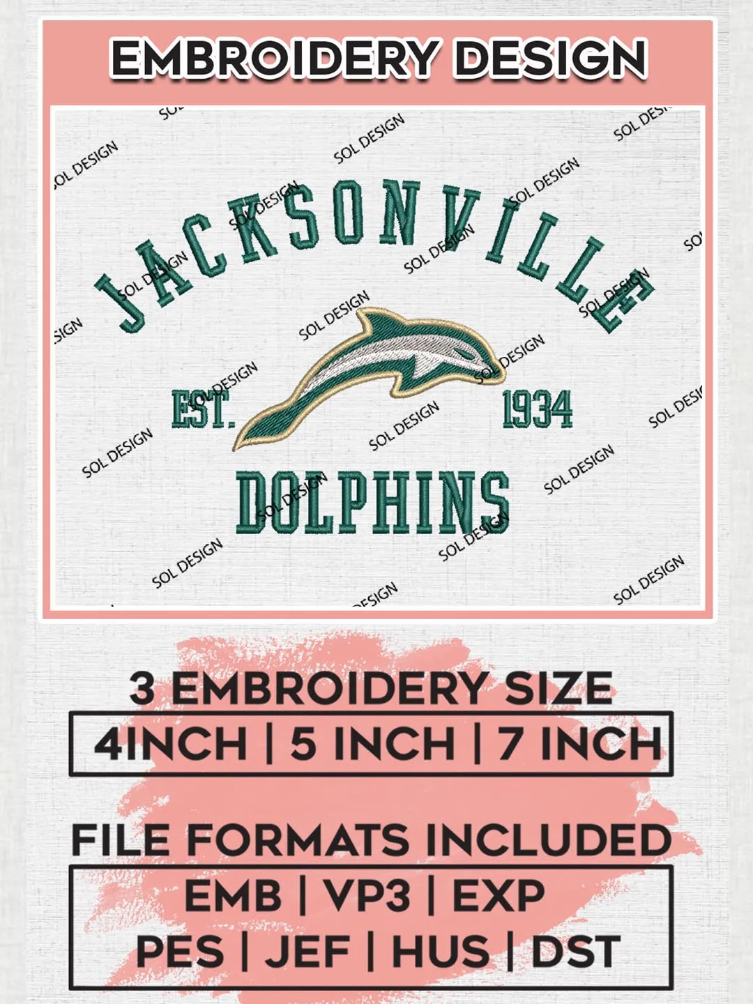 Jacksonville Dolphins Est 1934 Logo Embroidery Designs, NCAA Jacksonville Dolphins Team Embroidery, NCAA Team Logo, 3 sizes, Machine embroidery Files, Digital Download