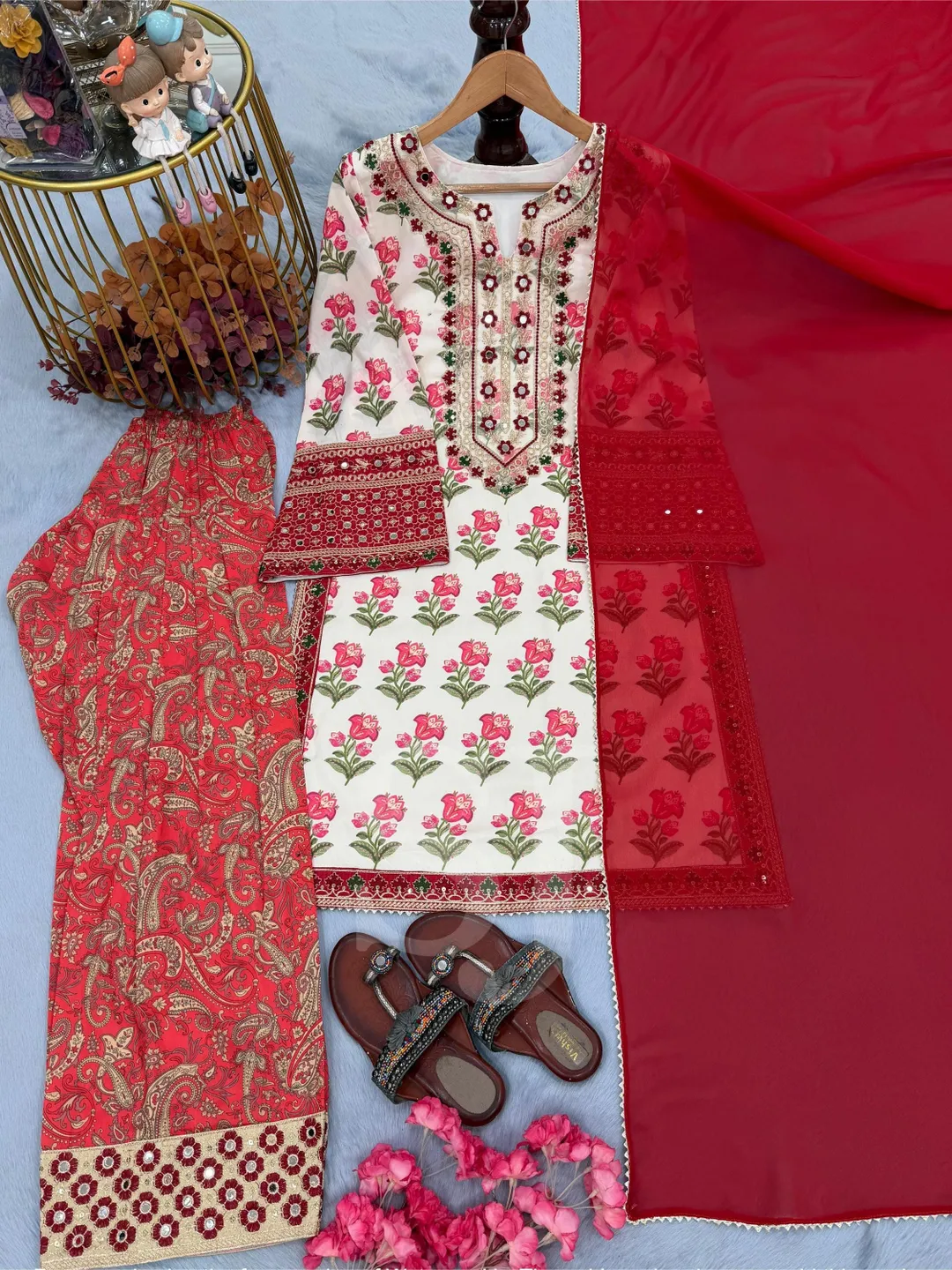 Fully Stitched Kurta Palazzo With Dupatta Set, Ready to Wear Salwar Kameez Suits, 3 Piece Combo Salwar Suit, Red Kurta Set, Wedding Wear Set