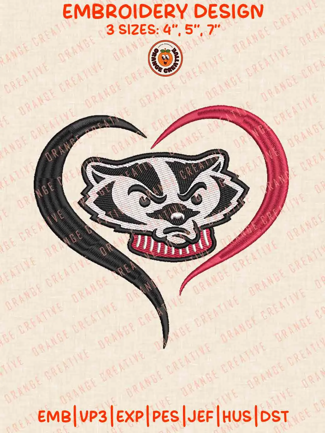 Wisconsin Badger Heart Embroidery Design Files, Football Embroidery Designs, Sport Machine Embroidery Files, 3 Sizes, Custom Sizes, Instant Download