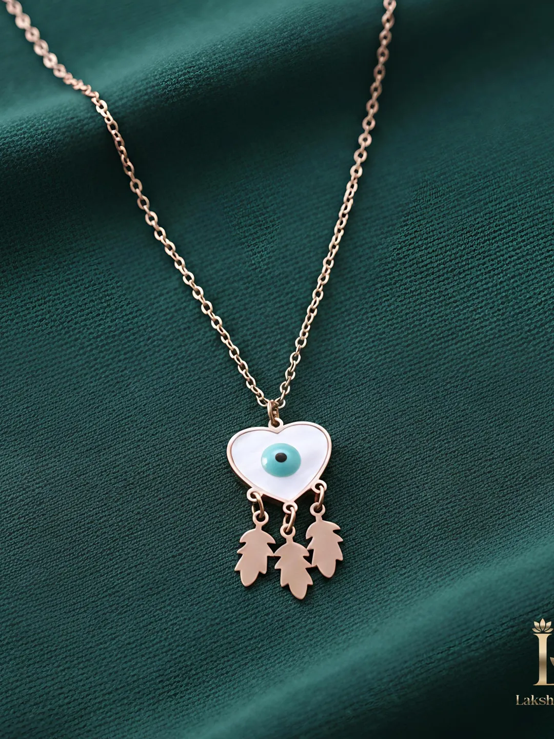Heart Evil Eye Necklace in Stainless Steel • Rose Gold Protection Pendant • Nazar Heart with Dangling Leaves