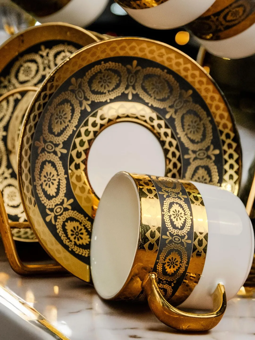 14K Genuine Gold Powder Porcelain Tea Cups And Saucers | Tea Cups Saucers Set | Gold Porcelain Set | Elegant Teaware | Gift For Tea Lovers