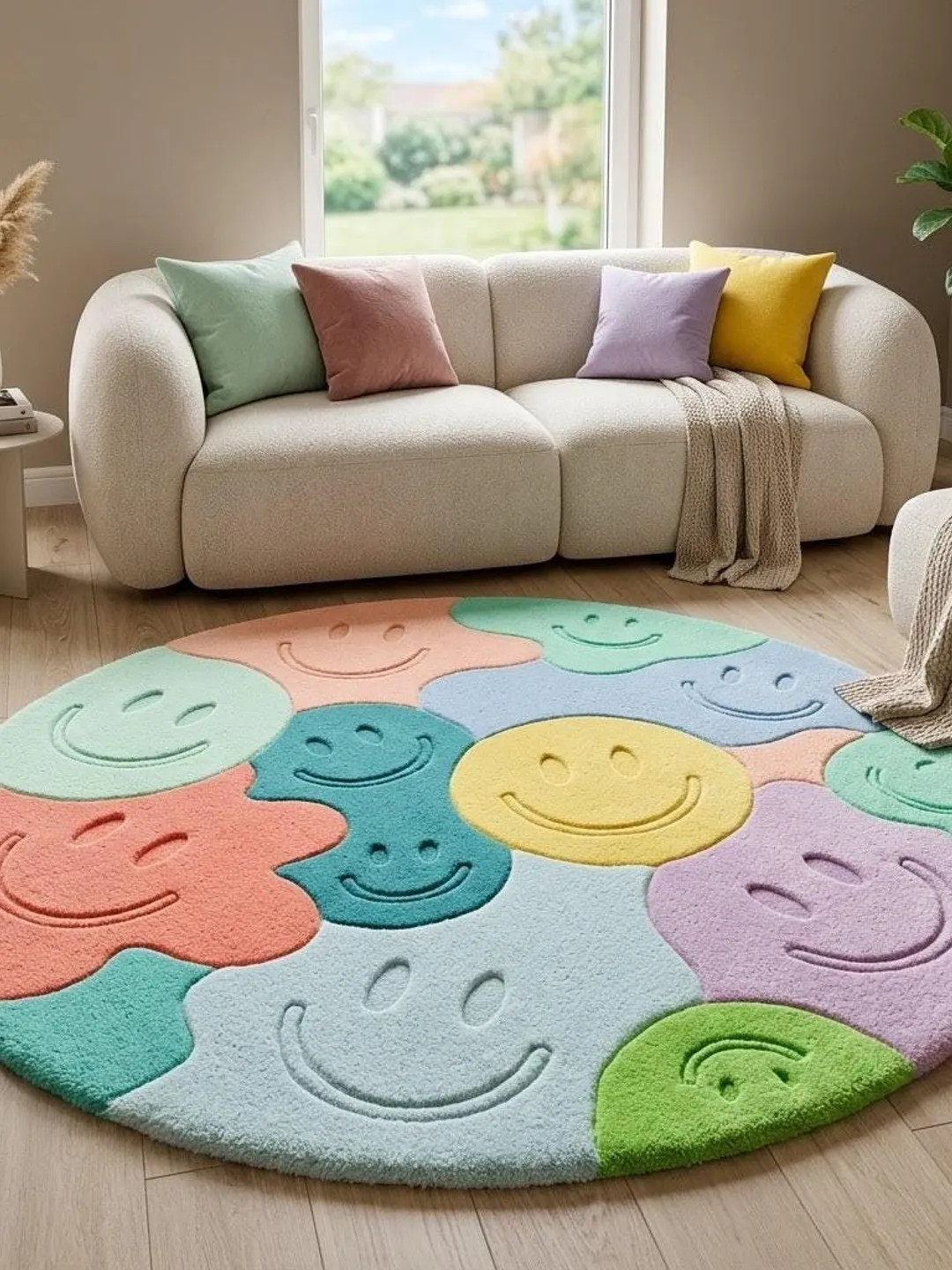 Pastel Smiley Face Round Rug Y2K Dopamine Decor Hand Tufted Wool Cute Colorful Kids Room Carpet Plush Custom Sizes 4x4 5x5 6x6 8x8 FT