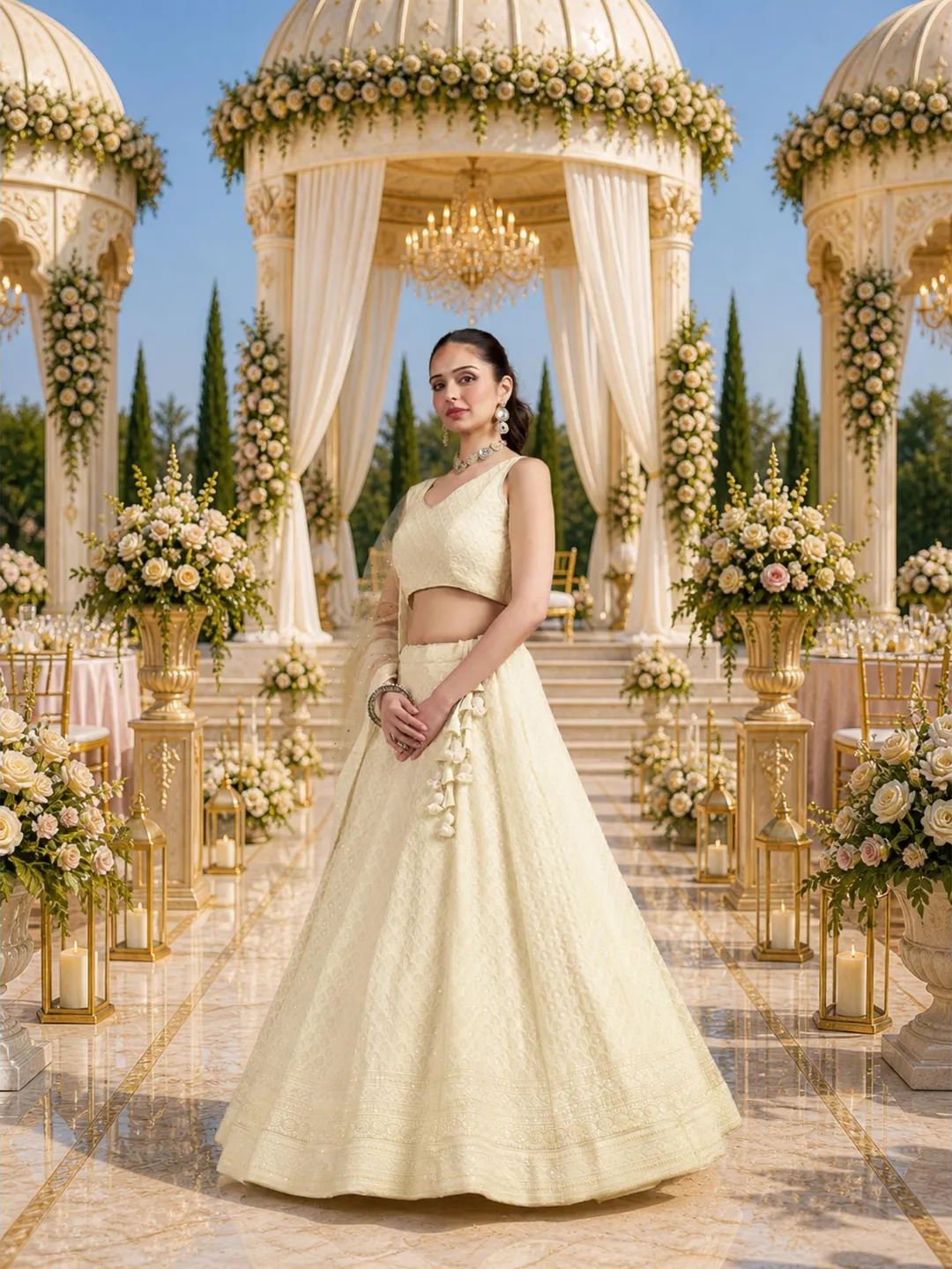 White Georgette Ready To Wear Lehenga Choli: Sequins Embroidery Indian Wedding Wear