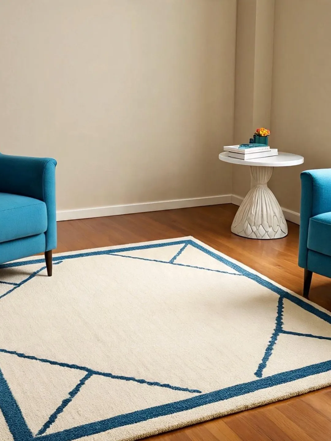 Modern Ivory and Blue Hand Knotted Wool Area Rug