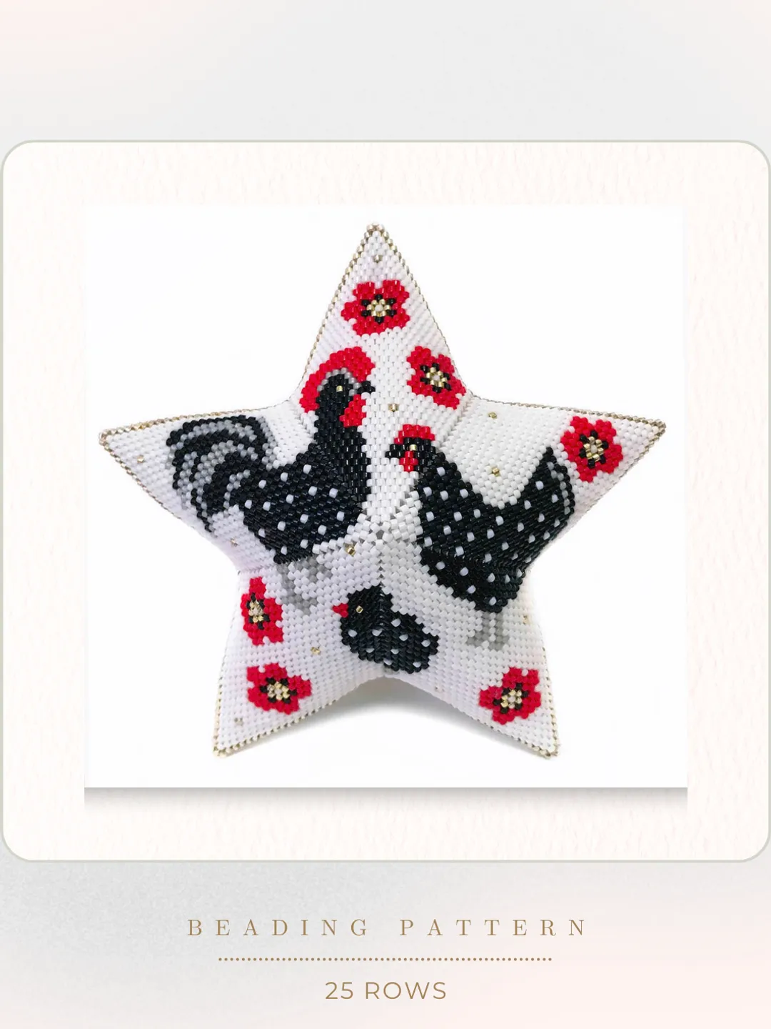 Black Chickens 3D Peyote Star Beading Pattern, Seed Bead Birds Ornament, Beaded Star Pattern