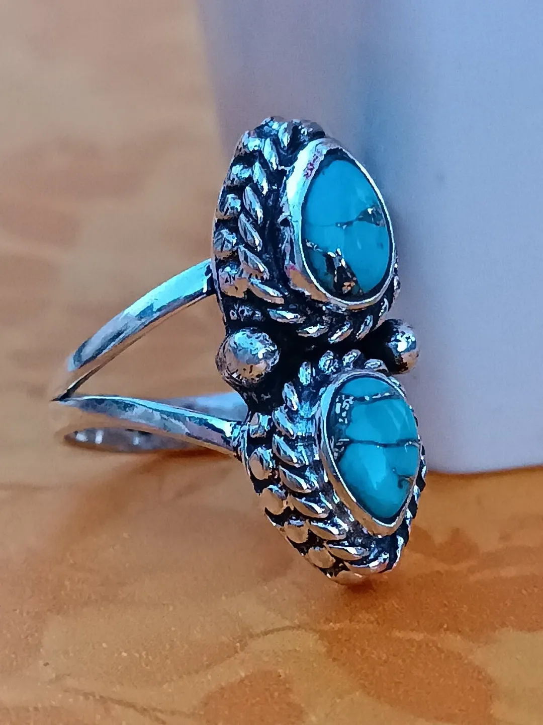 Handmade Turquoise Ring: 925 Sterling Silver Boho Statement Ring