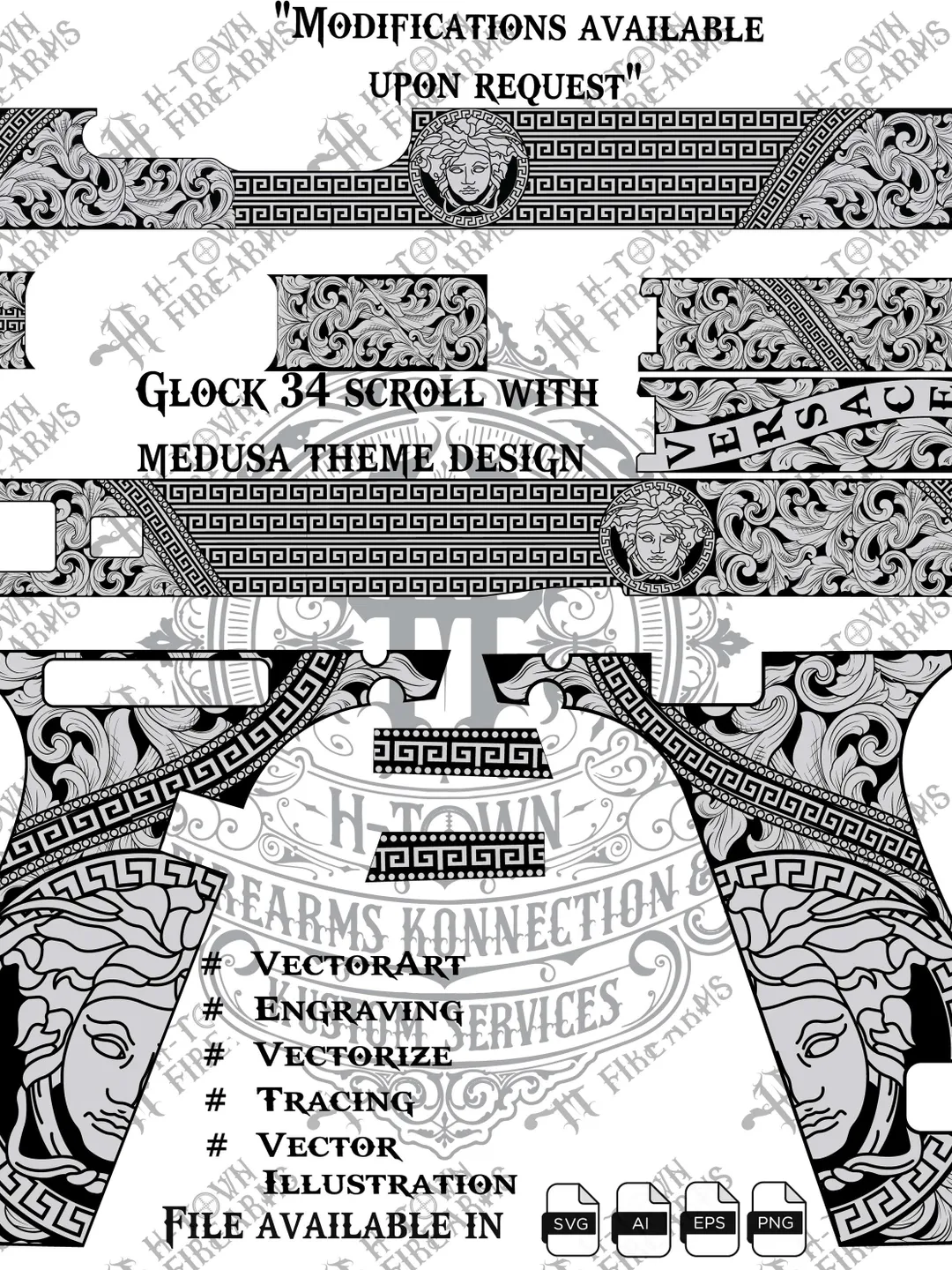 Glock 34 Scroll with Medusa Inspired Scroll With Ornamental Gun Engraving Design | Full Slide Svg Png AI EPS | Custom Laser Template