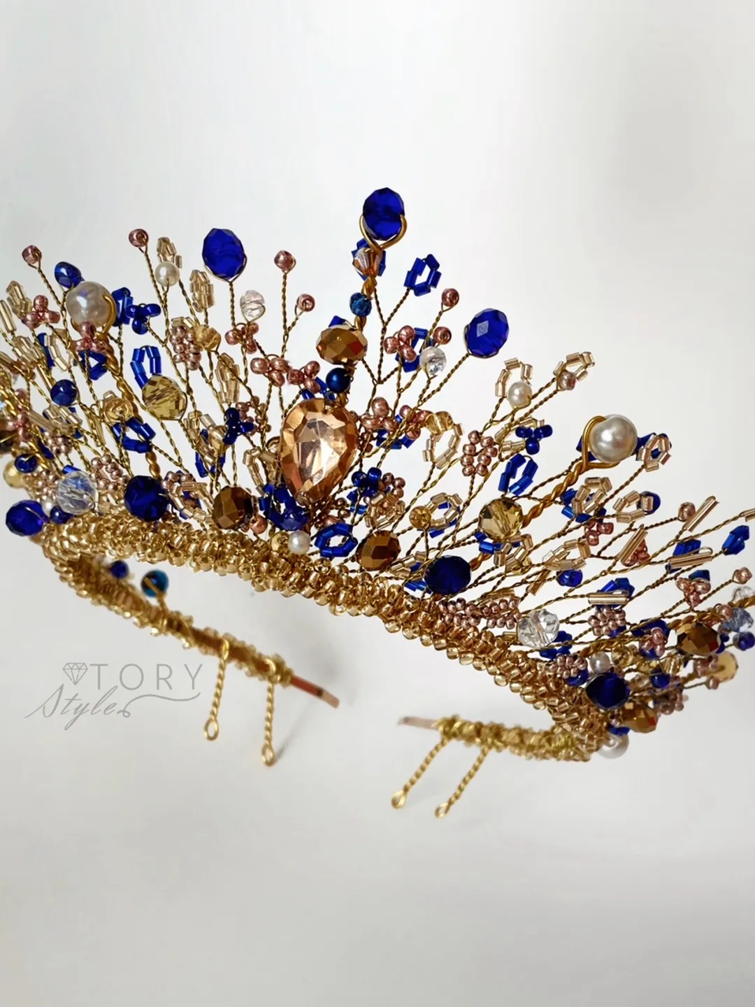 Gold and Blue crown, Gold crown, Gold tiara, Gold blue tiara, Diadem, wedding crown, Wedding headpiece, a crown for a princess, a children's tiara