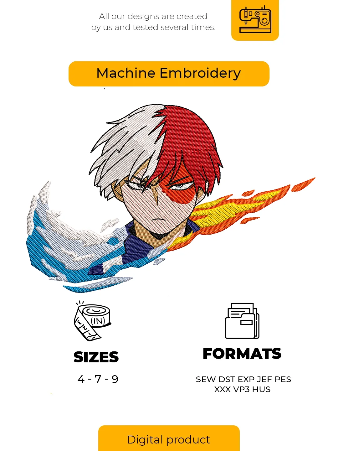 Half Hot Half Cold Anime Hero Embroidery Design – Red Blue Anime Character Machine Embroidery File