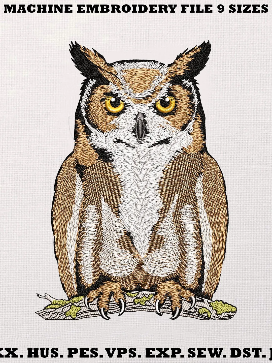 Great Horned Owl Embroidery Design, Realistic Bird Machine Embroidery Pattern, Nature Lover Gift, Detailed Owl Stitch File, PES DST JEF VP3