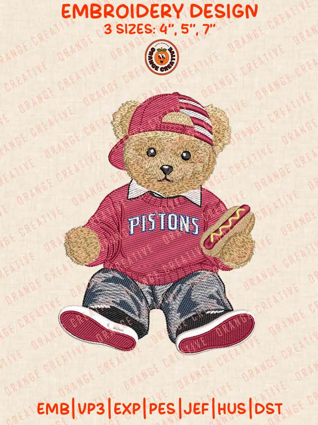 Detroit Pistons NBA Team x Cute Teddy Bear Hot Dog Embroidery Files, Vintage Teddy Bear Sport Embroidery Designs, NBA Pistons Embroidery, Basketball League, Digital Download