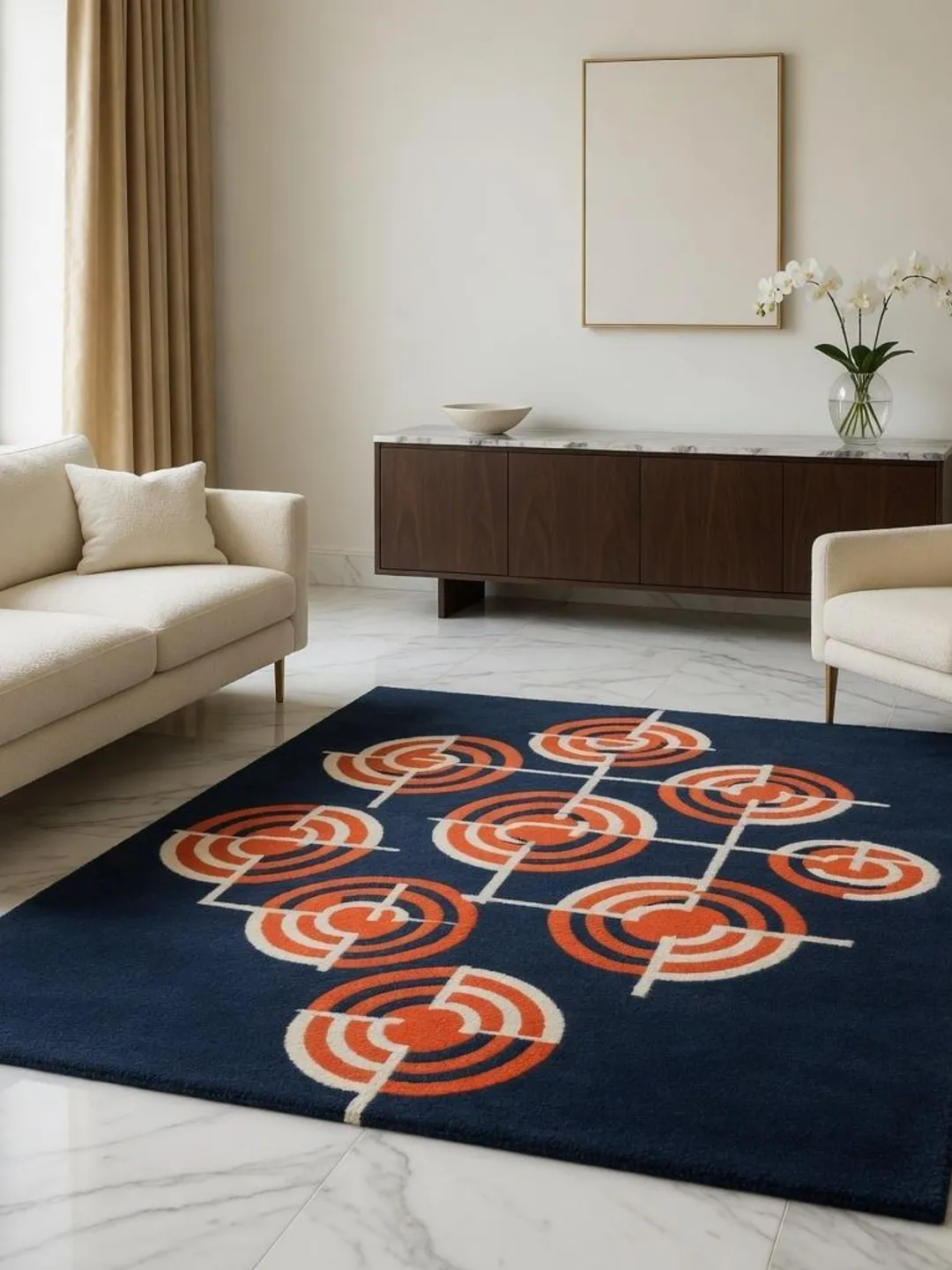 Modern Abstract Wave Rug, Navy Blue Orange Geometric Carpet, Plush ...