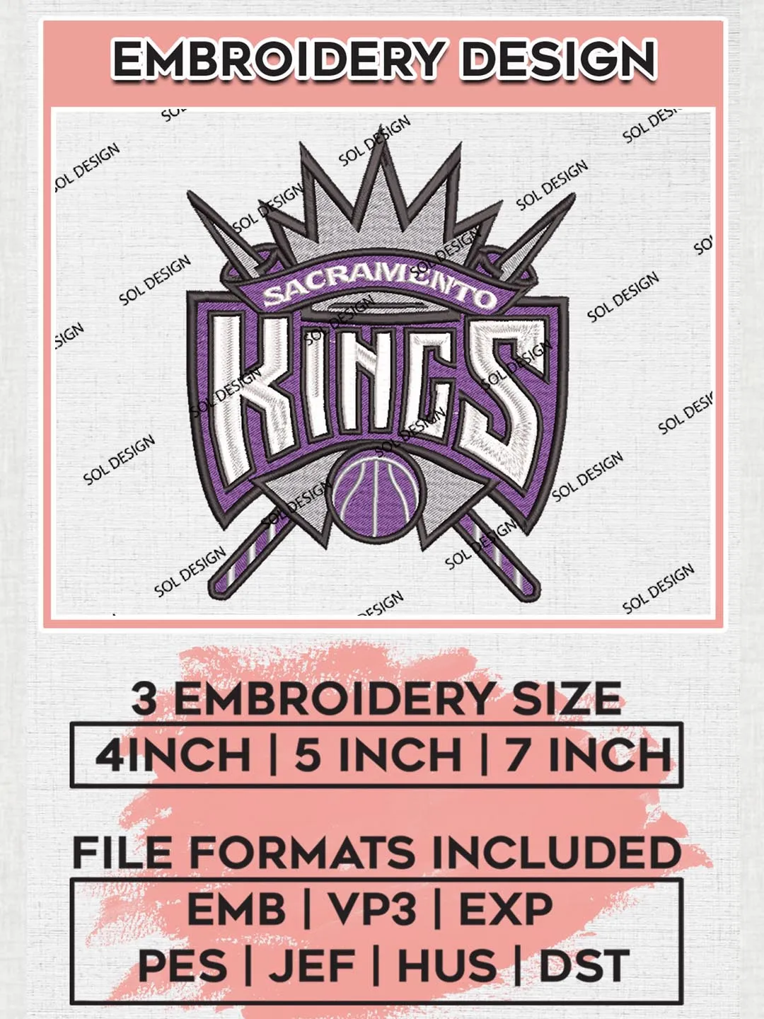 NBA Kings Team Logo Embroidery Files, NBA Sacramento Kings Embroidery Designs, NBA Machine Embroidery Designs, NBA Embroidery Design, Machine embroidery Files, Digital Download