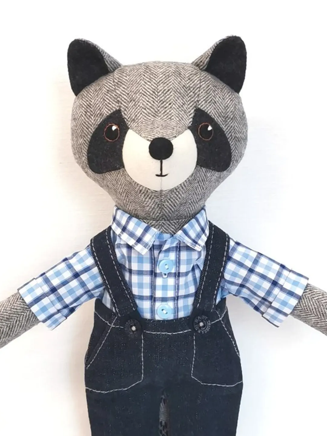 Gray raccoon boy, handmade plush raccoon toy, wool stuffed doll