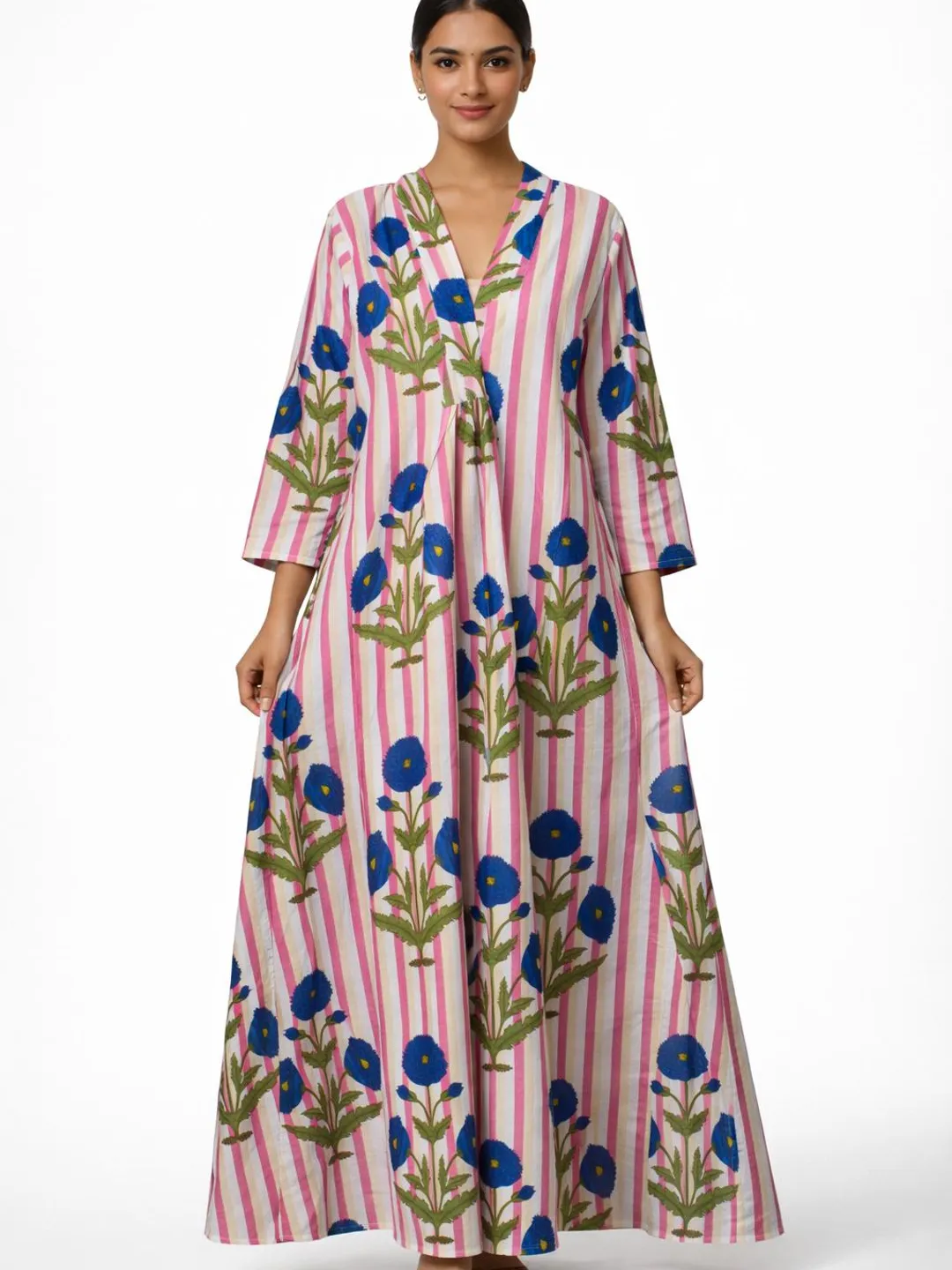 indian long sleeve dress Coral Gown with Embellished Long Sleeves