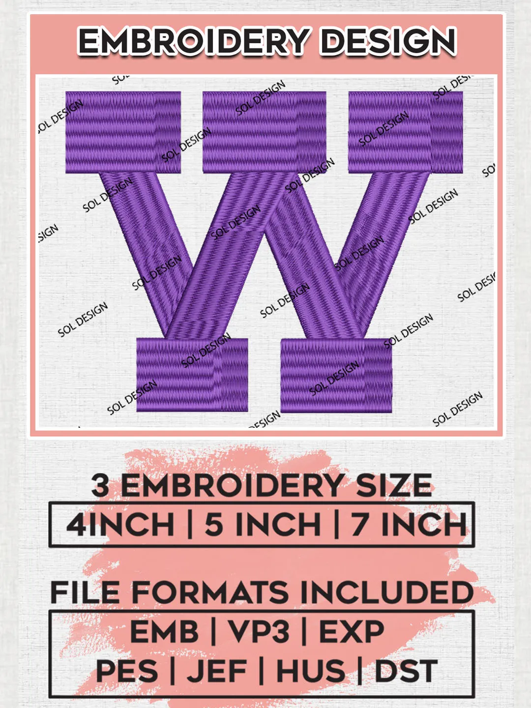 Washington Huskies NCAA College Football Team Letter Logo Embroidery Design Files, NCAA Washington Huskies Machine Embroidery, NCAA Teams, 3 sizes, NCAA Machine embroidery designs, Digital Download
