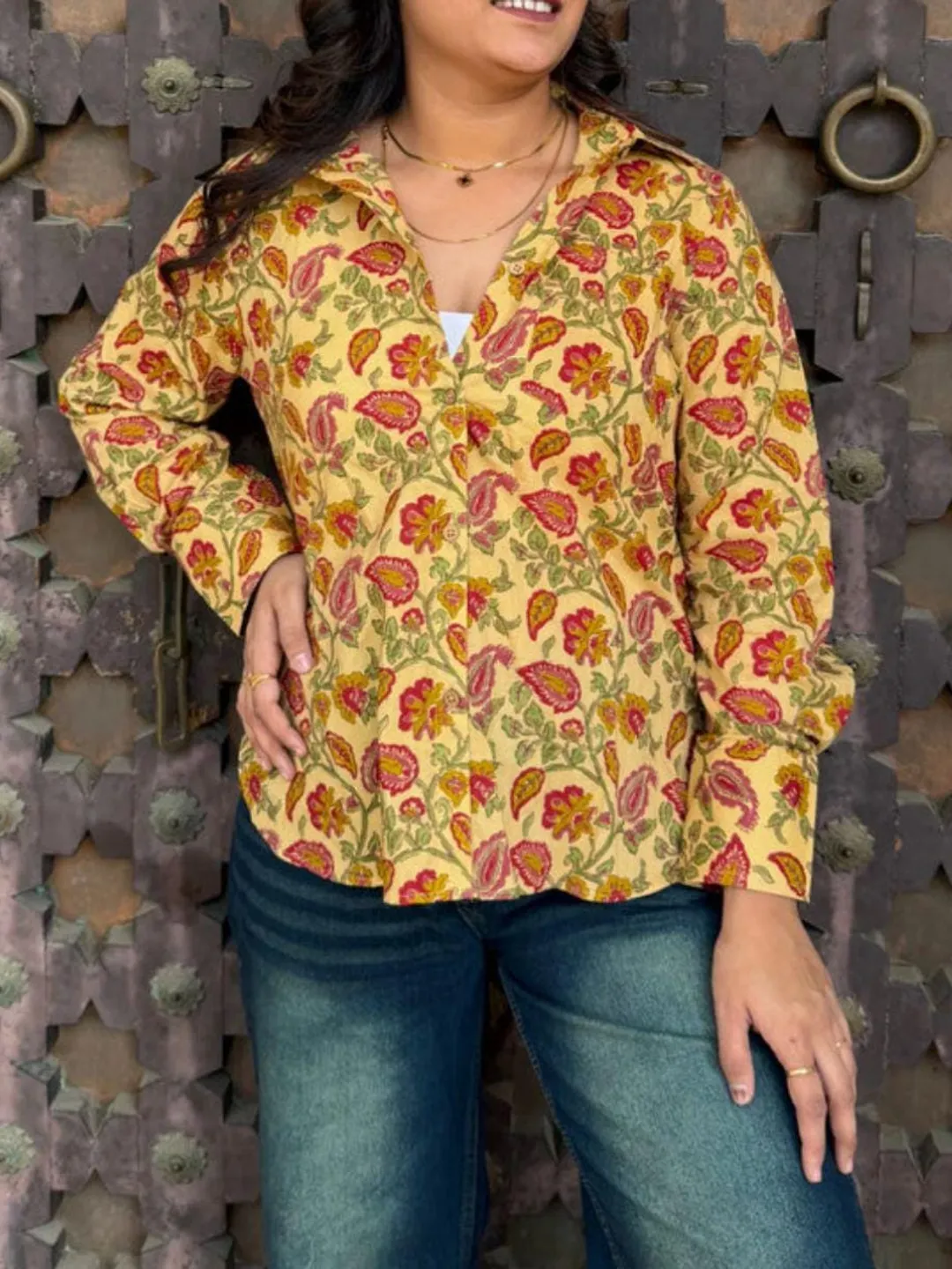 Hand Block Print Cotton Shirt | Yellow Floral Boho Tunic Top