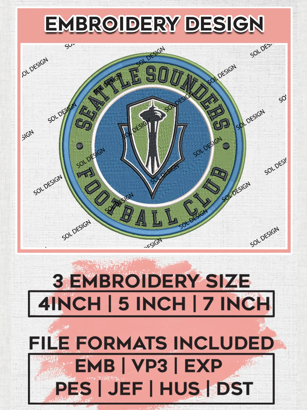 Seattle Sounders FC Soccer Team Logo Embroidery Design, MLS Seattle Sounders FC Logo Embroidery Files, Soccer Team Machine Embroidery, Machine Embroidery Design