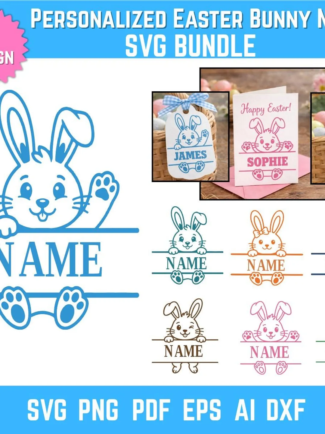 Personalized Easter Bunny Name SVG Bundle, Peeking Bunny Monogram ...