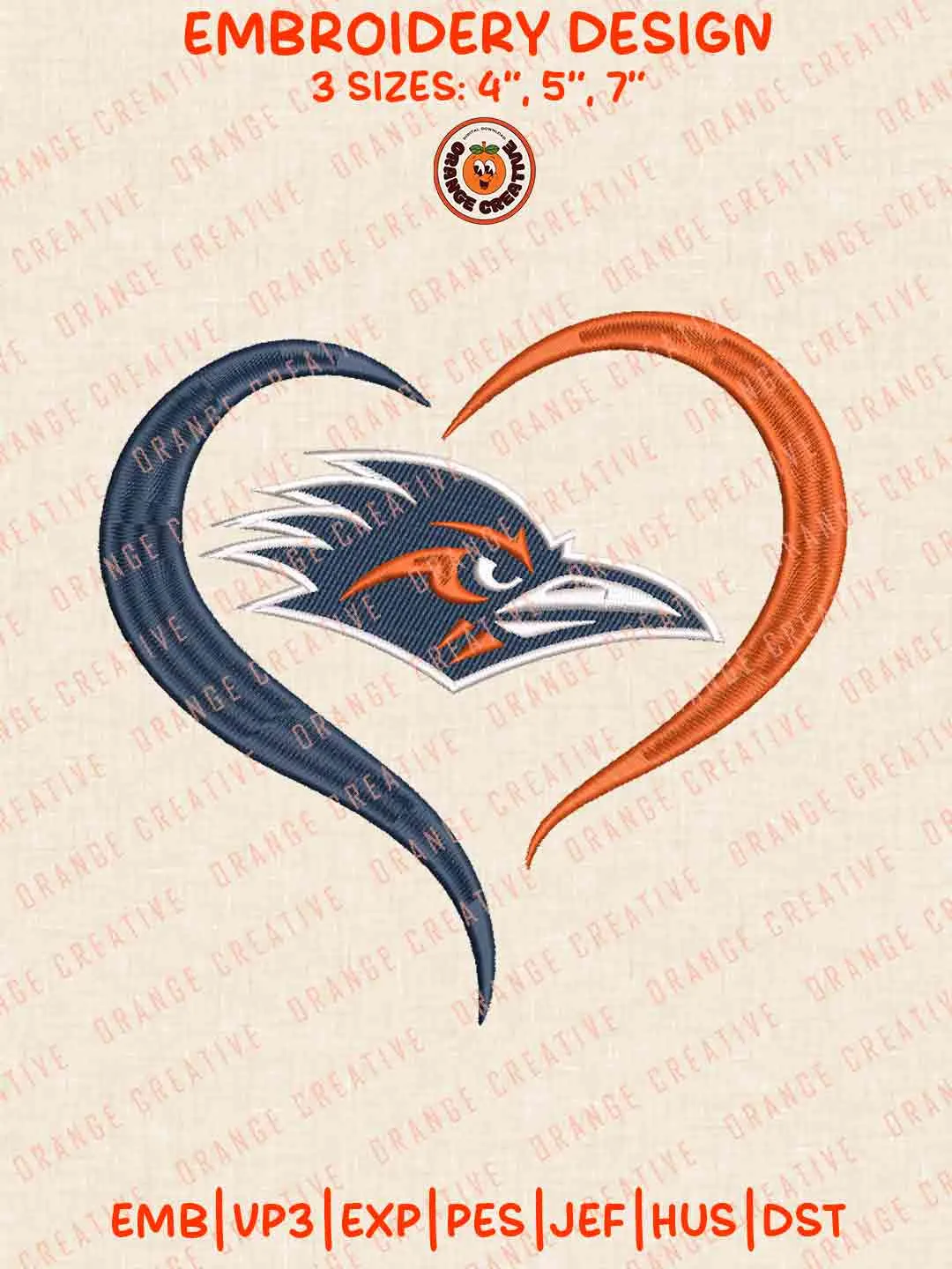 UTSA Roadrunner Heart Logo Embroidery Design, College Machine Embroidery Digitized Pes File, Football Designs, 3 Sizes, Custom Size, Instant Download