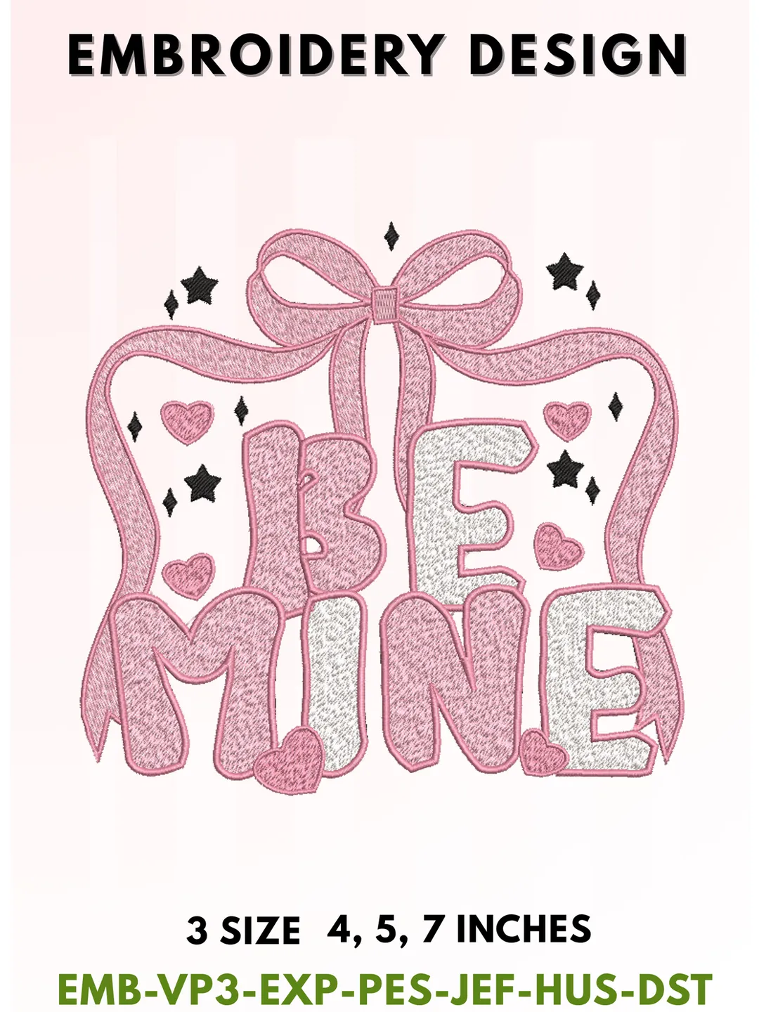 Aesthetic BE MINE Typography Embroidery, Pink Coquette Ribbon Bow Valentine Letters Design, Cute Hearts & Stars Art, Romantic Holiday Gift, 3 Sizes