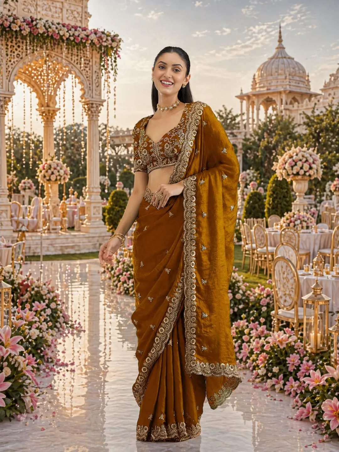 Gold Sequin Ready To Wear Saree For Women: Tissue Embroidery, Indian Wedding Wear