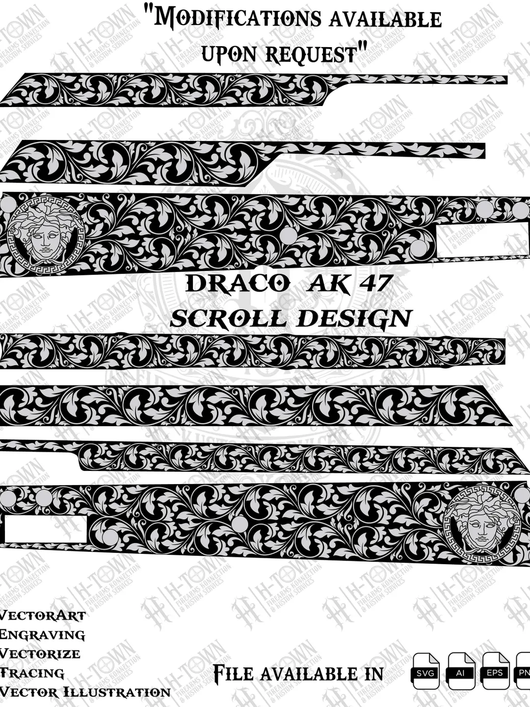 Draco AK47 Engraving Design: Medusa & Floral Scroll (Digital File SVG/PNG/EPS/AI8