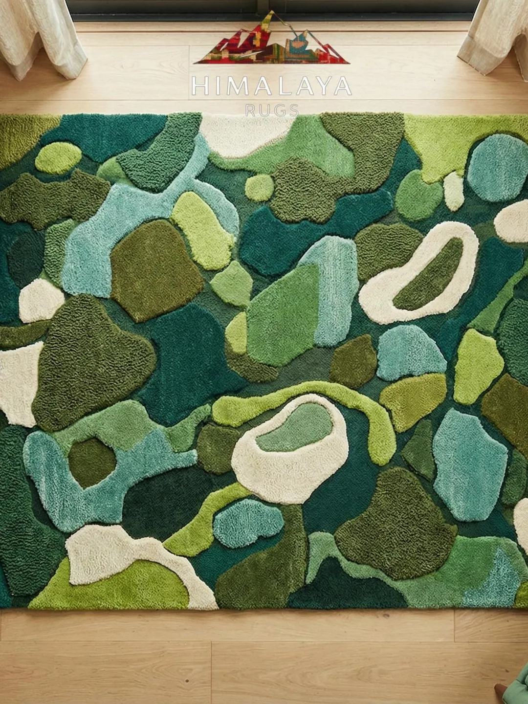 Green Earthy Pattern Rug Hand Tufted Green Abstract Wool Rug | Organic Shape Area Decor