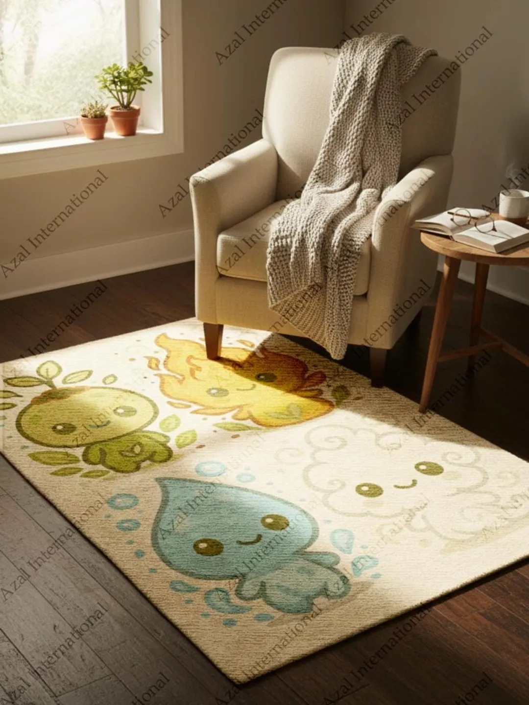 Hand-Tufted Elemental Kids Rug, Earth Fire Water Air Cartoon Carpet