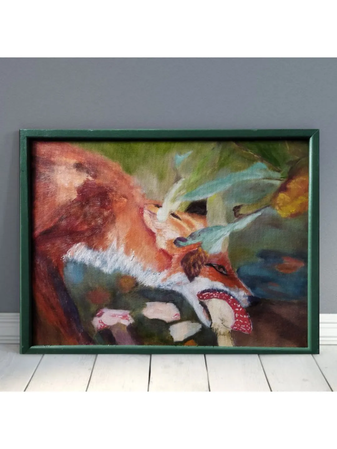 Oil painting on canvas Fox and mushroom in frame 30x40 cm