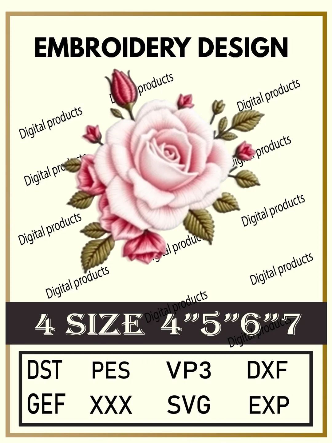 Pink Rose Embroidery Design Digital Floral Pattern with Detailed Petals and Green Leaves for Machine Embroidery Projects in Four Sizes with Multiple Compatible Formats Including DST, PES, VP3, DXF, GEF, XXX, SVG, EXP Download