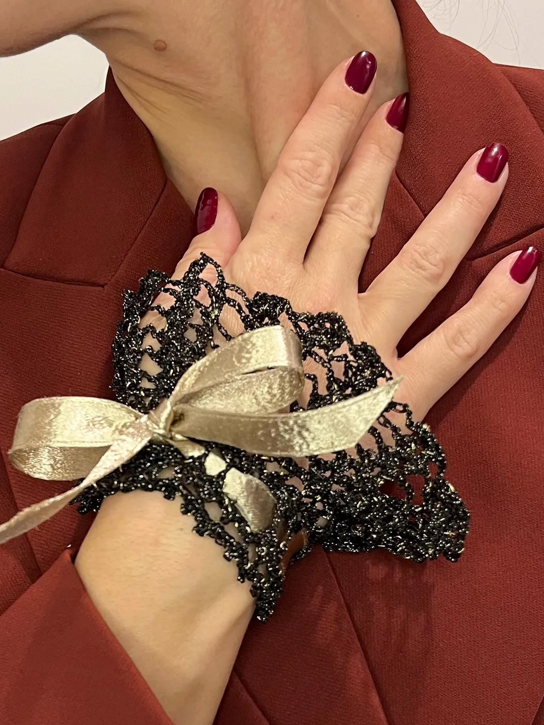 Gothic Glamour Wrist Cuffs Metallic Black Gold Mesh Hand Warmers Victorian Lace Cuffs with Bows Statement Festive Accessory Handmade Belgium