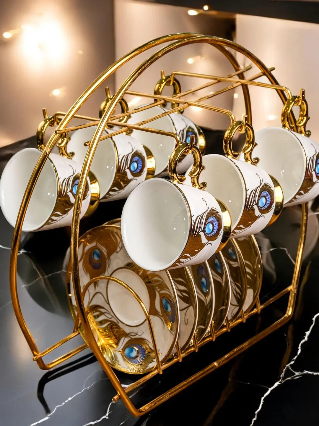 14K Gold Powder Peacock Porcelain Tea Cups And Saucers | Tea Cups Saucers Set | Gold Porcelain Set | Elegant Teaware | Gift For Tea Lovers