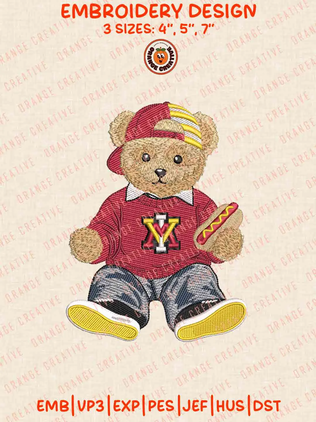 VMI Keydet Teddy Bear Embroidery Design Files, Football Logos Embroidery Designs, Sport Machine Embroidery Files, 3 Sizes, Custom Sizes, Instant Download