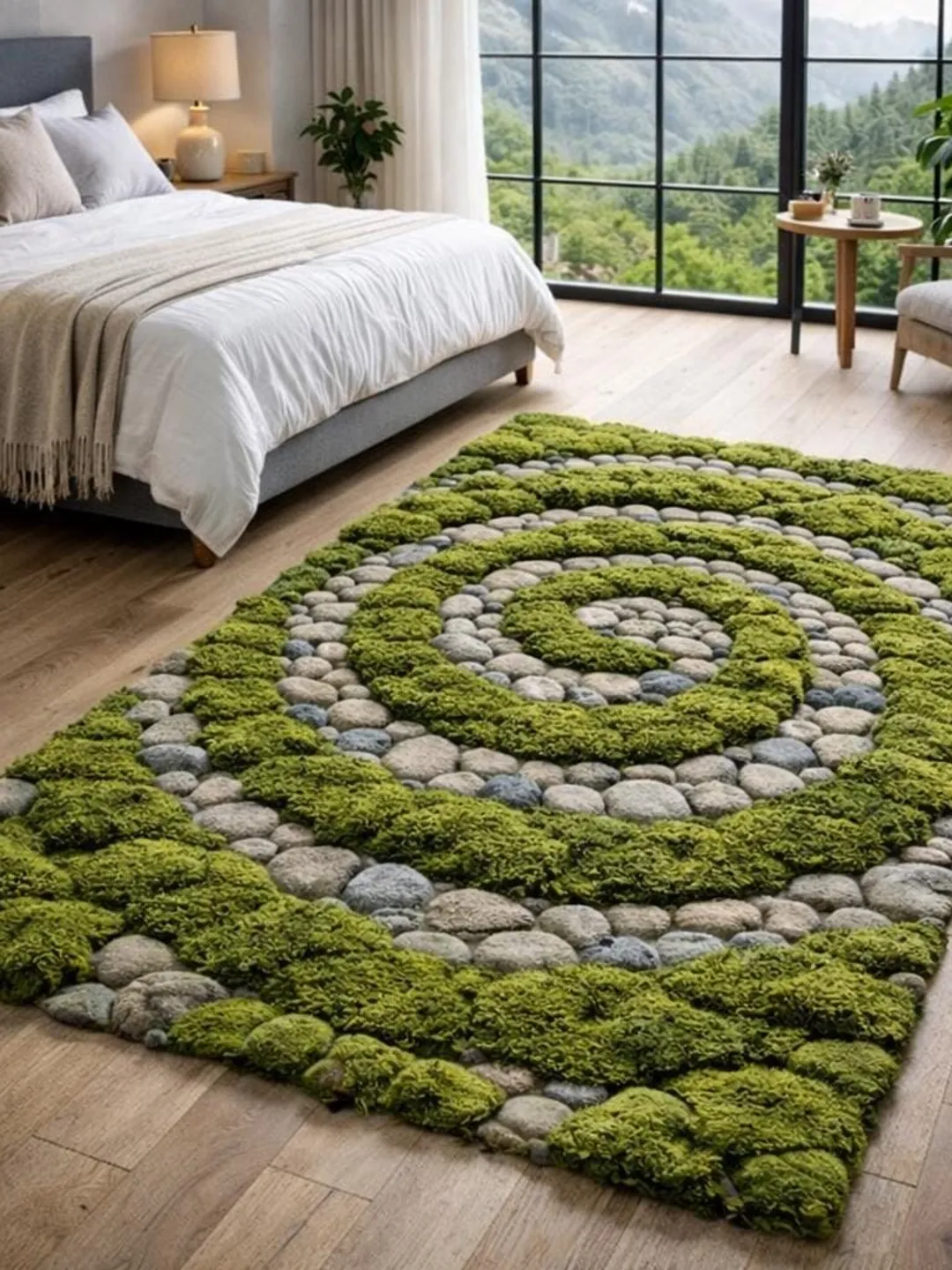 Moss Spiral Wool Rug, Nature Inspired Stone Carpet, Biophilic Decor