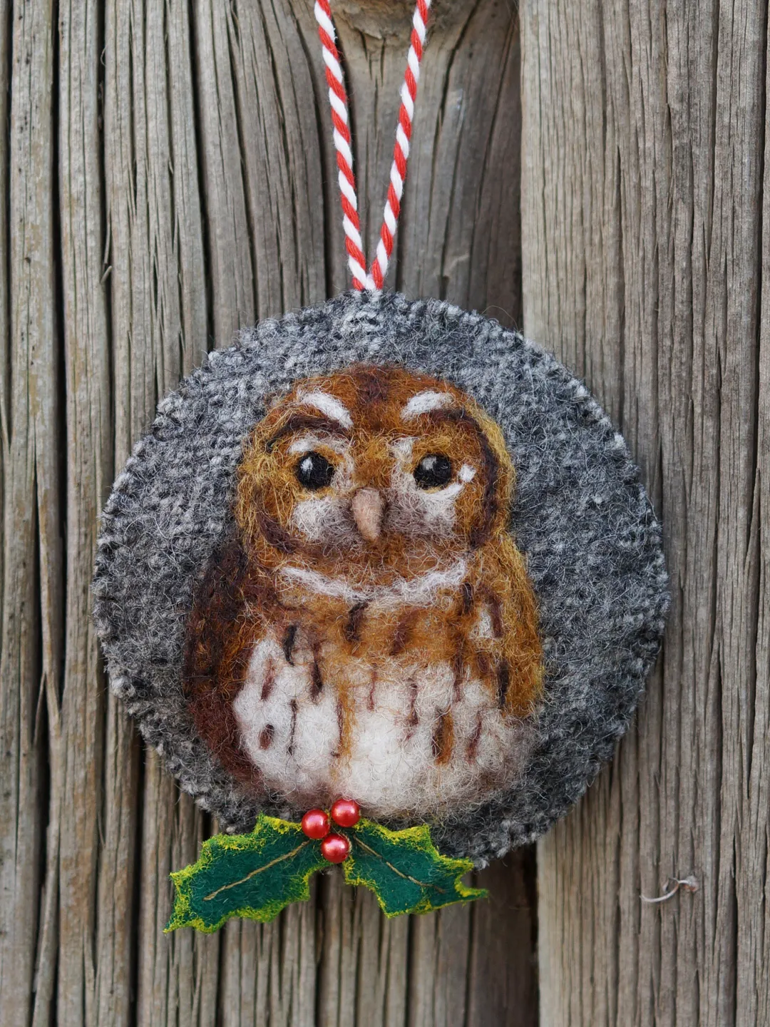 Tawny owl Christmas ornament, bird portrait, needle felted owl, made to order