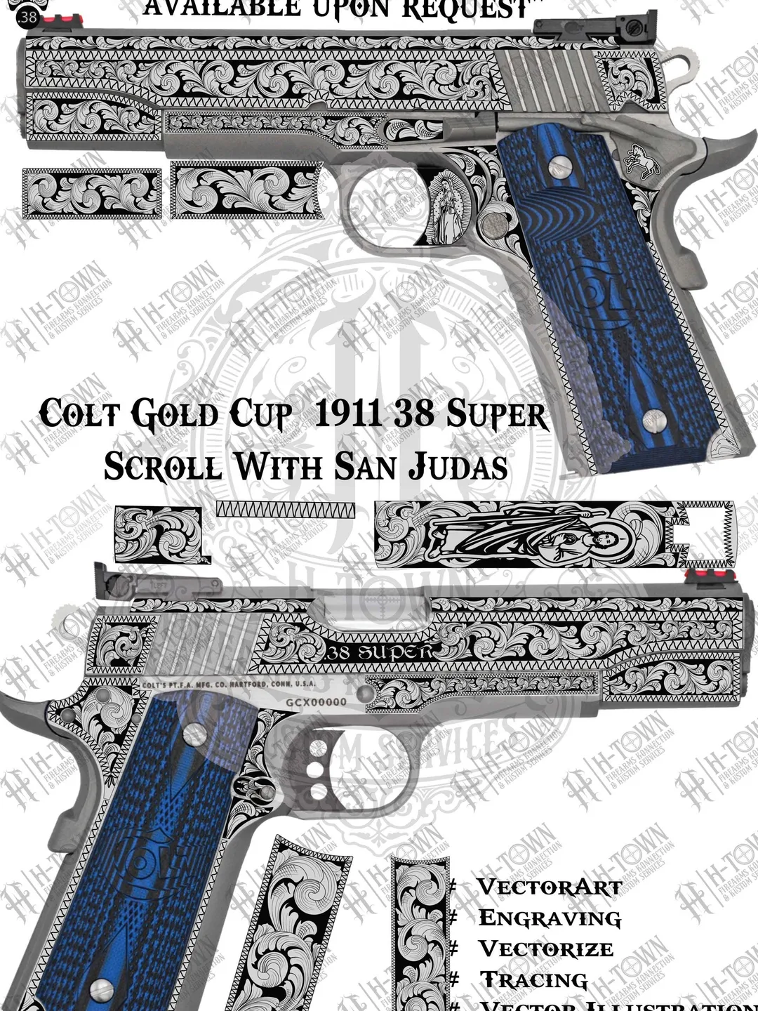 Colt Gold Cup 1911 .38 super San Judas Scroll With Engraving | Religious Grip & Slide Vector Design | Svg PNG EPS AI | Laser Ready Art