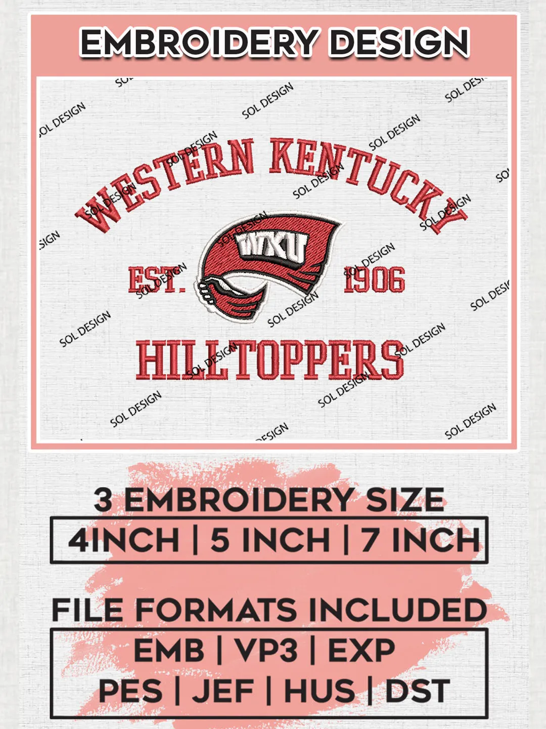 Western Kentucky Hilltoppers Est 1906 Embroidery Designs, NCAA Western Kentucky Hilltoppers Team Embroidery, NCAA Team Logo, 3 sizes, Machine embroidery Files, Digital Download