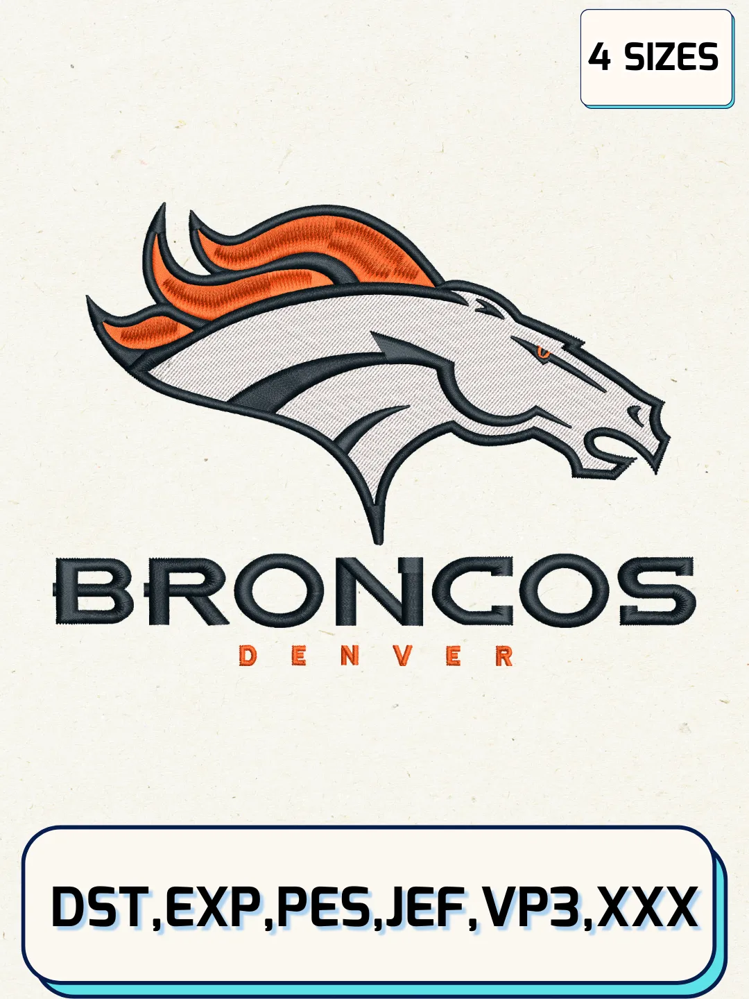 Denver Broncos Embroidery Design Files, NFL Logos Embroidery Designs, Machine Embroidery Files, 4 Sizes