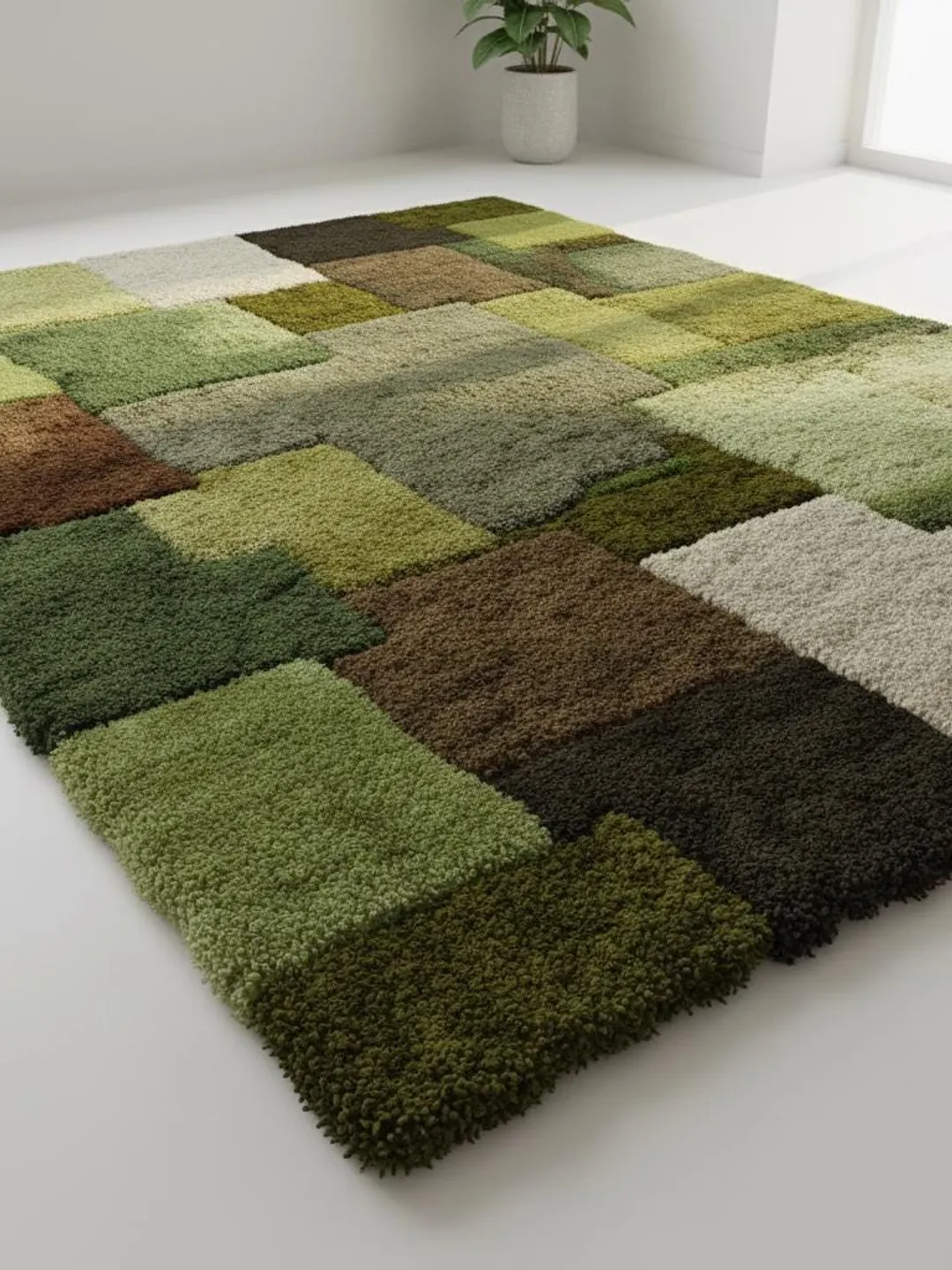 Tonal Patchwork Rug Geometric Patchwork Rug: Green & Brown Tufted Earth Tone Decor Teppich