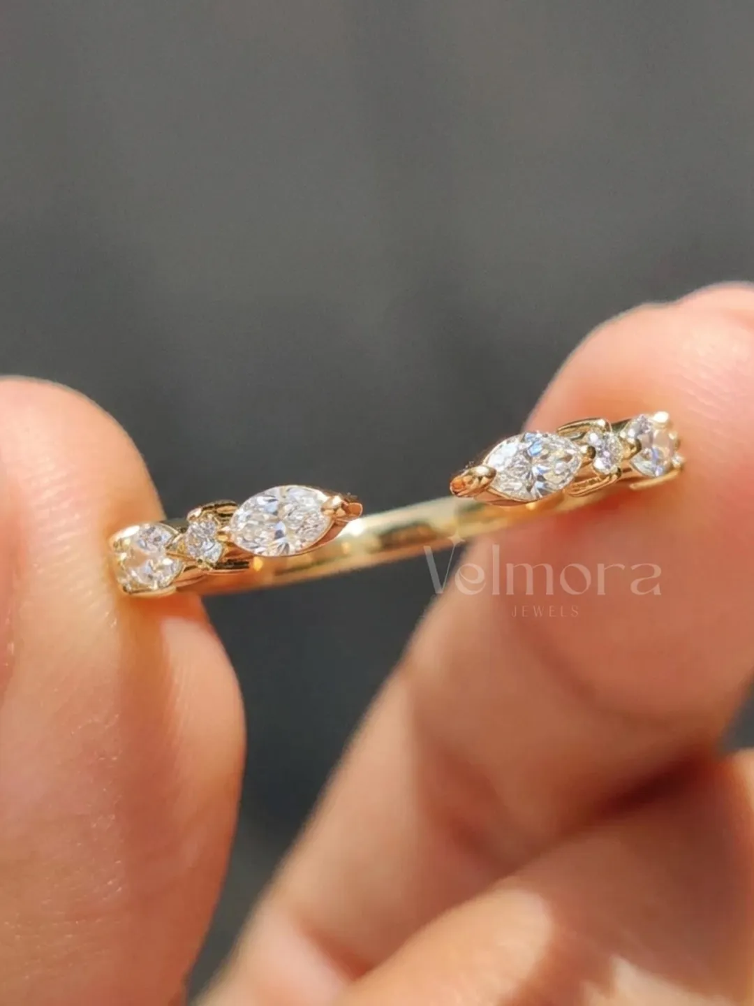 Delicate Marquise Moissanite Band, Minimalist Stacking Wedding Ring for Her