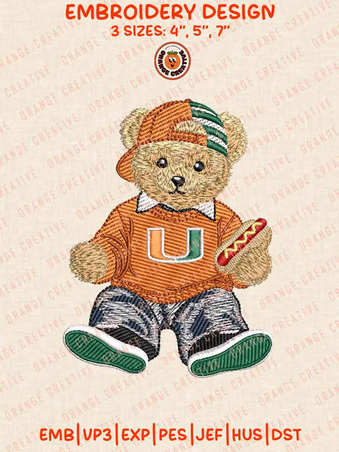 Cute Teddy Bear Miami Hurricanes Logo Embroidery Files, NCAA Team Embroidery Design, Machine Embroidery Design File, 4 Sizes, Custom Size, Digital Download