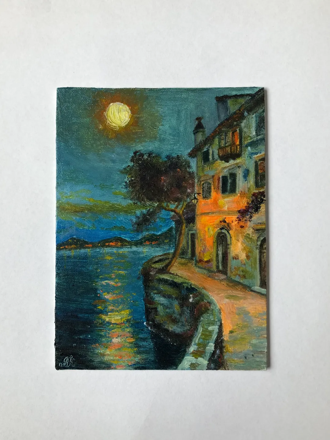 Summer night original oil modern painting wall art 6x8 inches