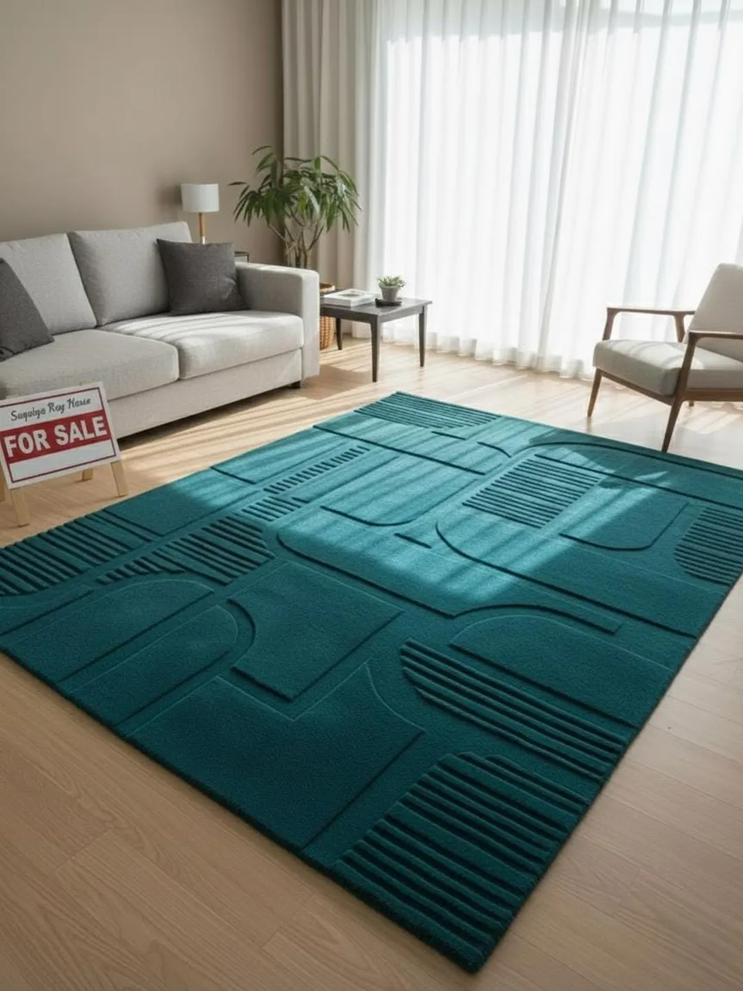 Teal Pattern Rug Texture Teal Wool Area Rug | Hand Tufted, 3D Sculpted Texture, Custom Size