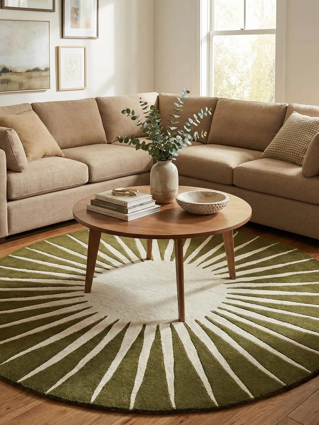 Modern Green and White Round Tufted Wool Rug