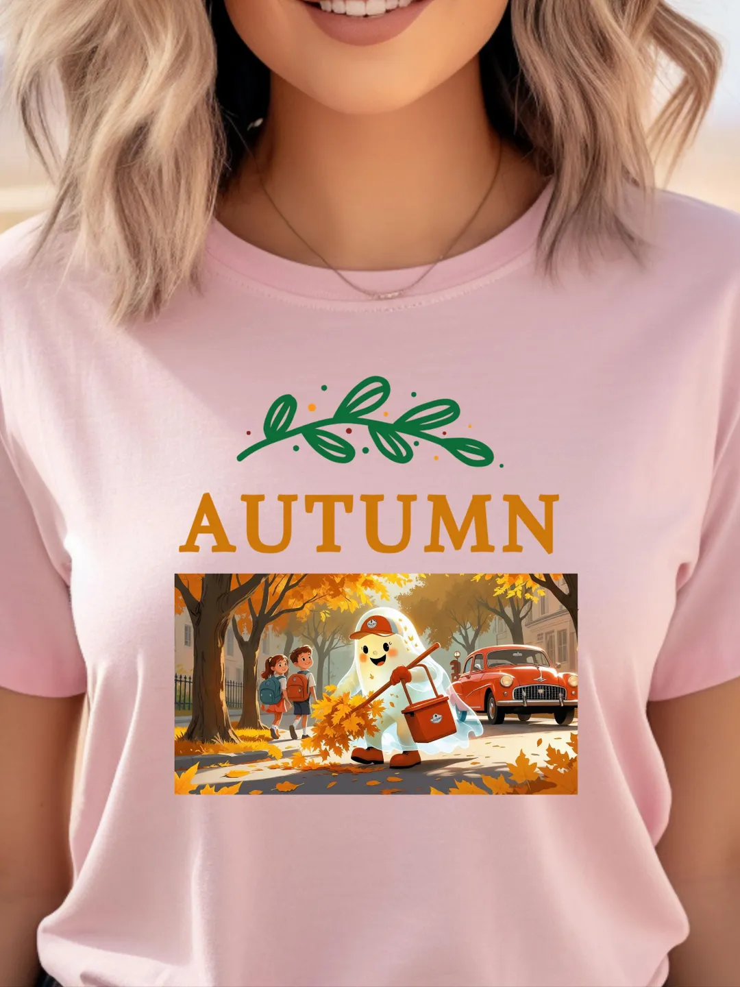 Autumn T-shirt, Back to School T-shirt,Spooky Cute Ghost Women’s T-Shirt, Bella Canvas 3001, Halloween Autumn Street Sweeper Design