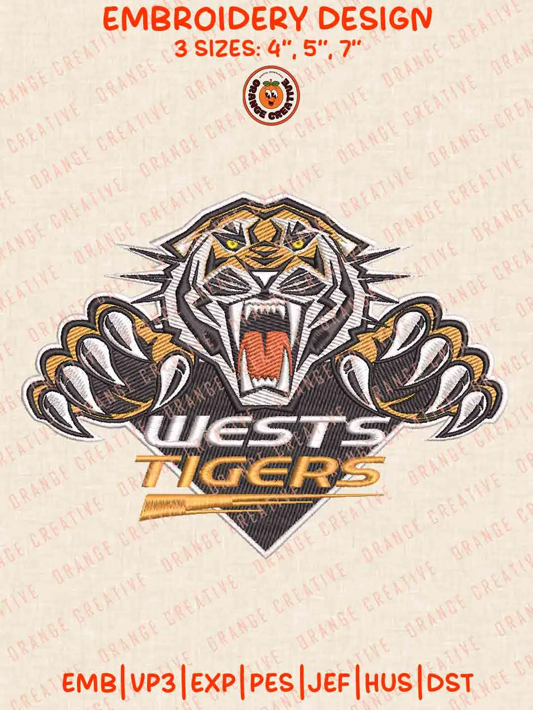 NRL Wests Tigers Rugby Logos Embroidery Design, NRL Team Machine Embroidery Digitized Pes File, 4 Sizes, Custom Size, Instant Download