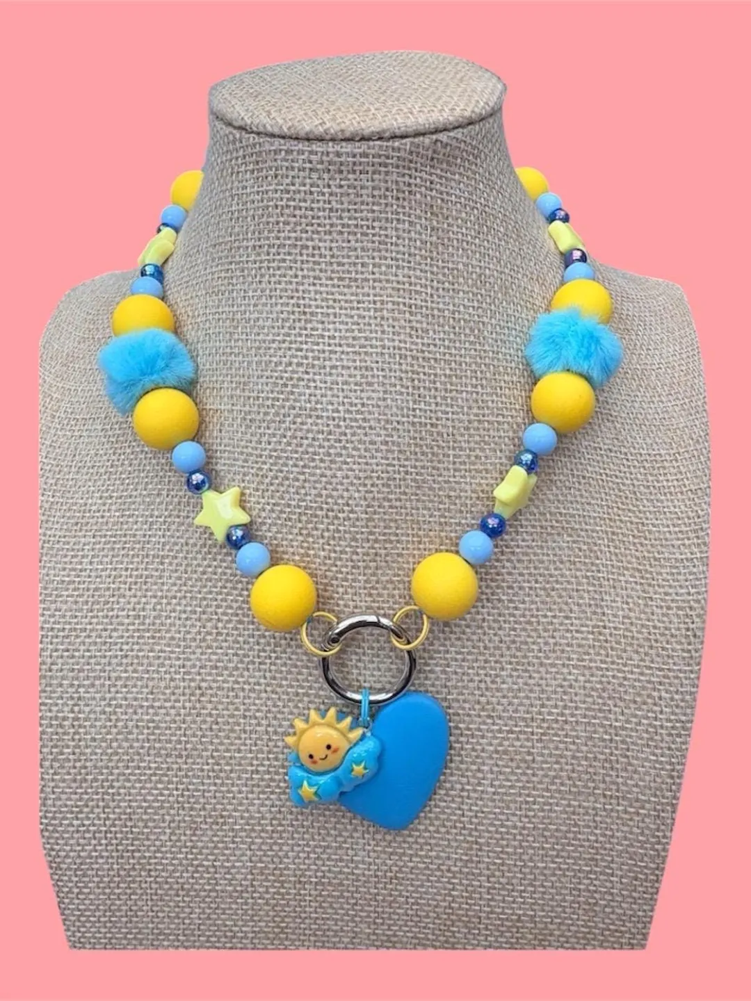 Kawaii moon & star themed beaded necklace yellow and blue